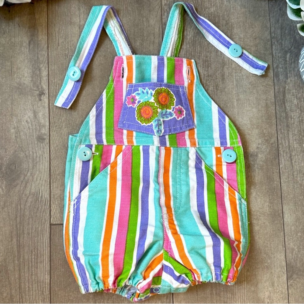 Vintage 90s Baby Girl Overalls Colorful Striped Flower Pockets Shortalls Cotton
